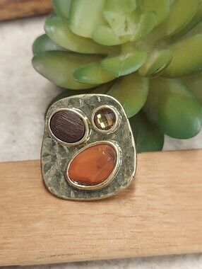 R087 Signed Vintage BOHM Gold-Tone Multi-Stone Statement Ring Orange and Brown